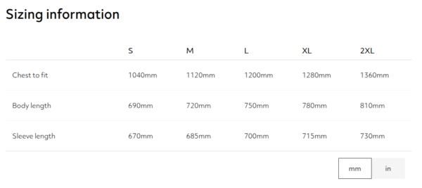 sweatshirt size guide in milimetres